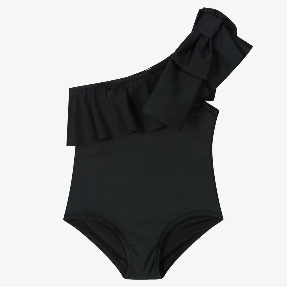 Girls Black One-Shoulder Swimsuit