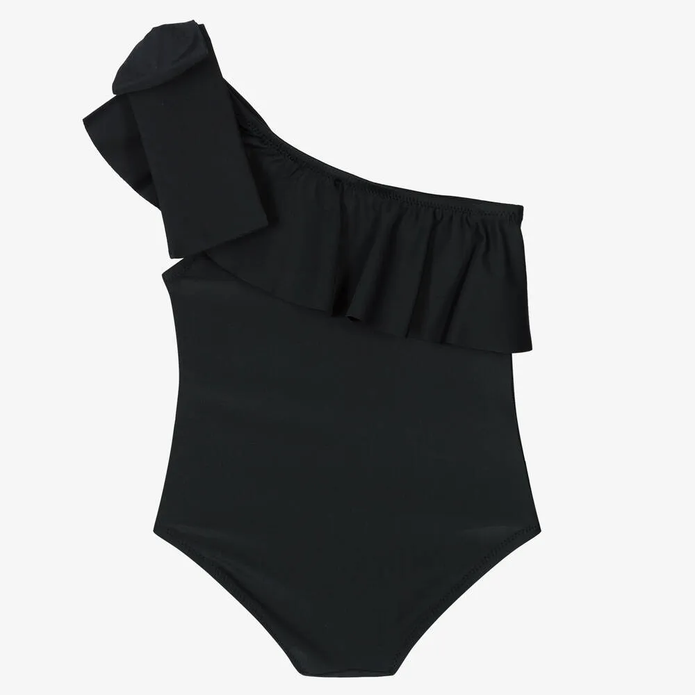 Girls Black One-Shoulder Swimsuit