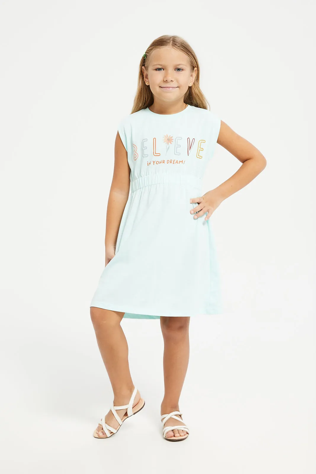 Girls Mint Believe Print Dress