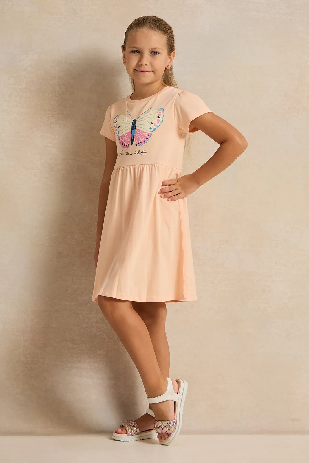 Girls Peach Butterfly Embellishment Knit Dress