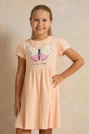 Girls Peach Butterfly Embellishment Knit Dress