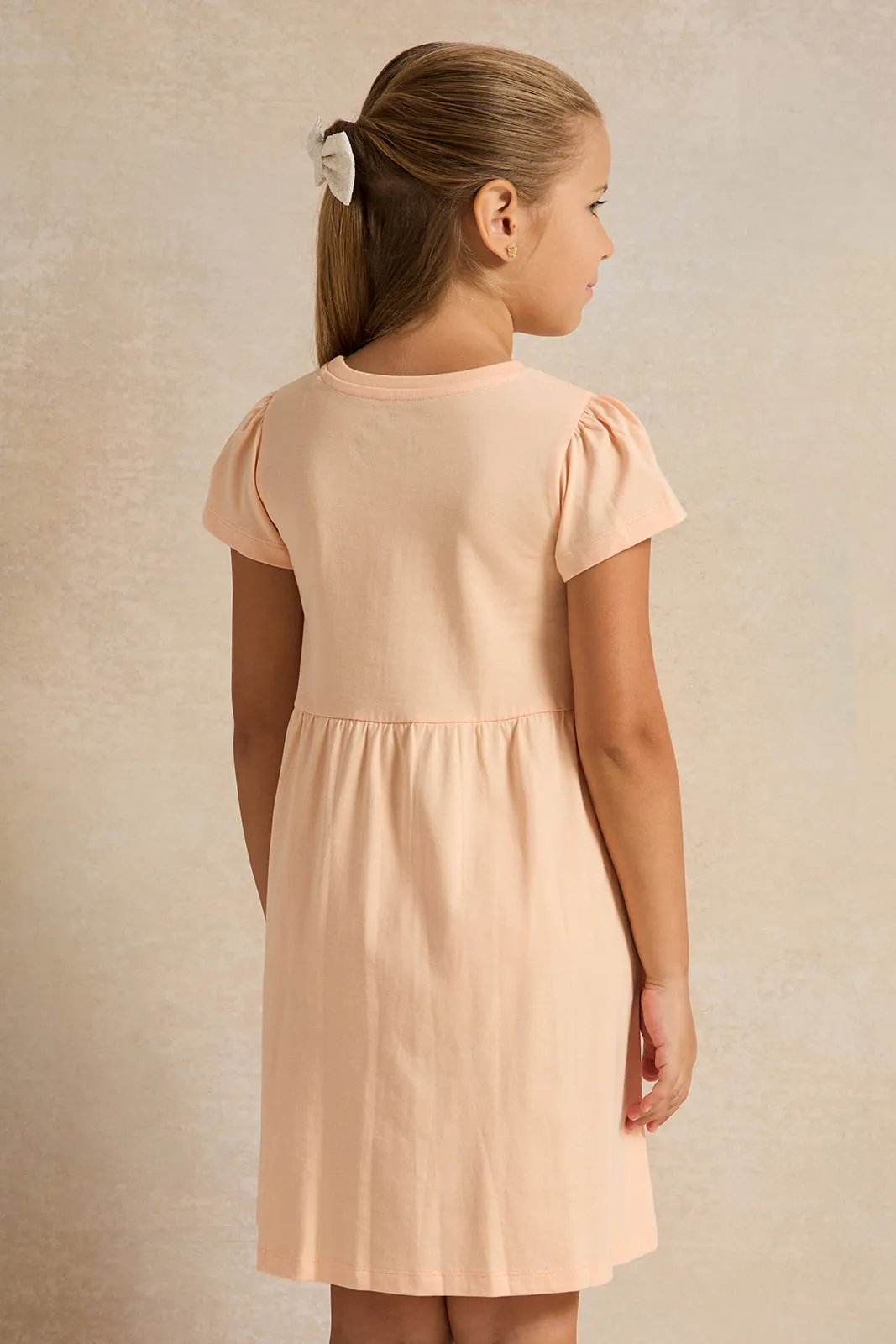 Girls Peach Butterfly Embellishment Knit Dress