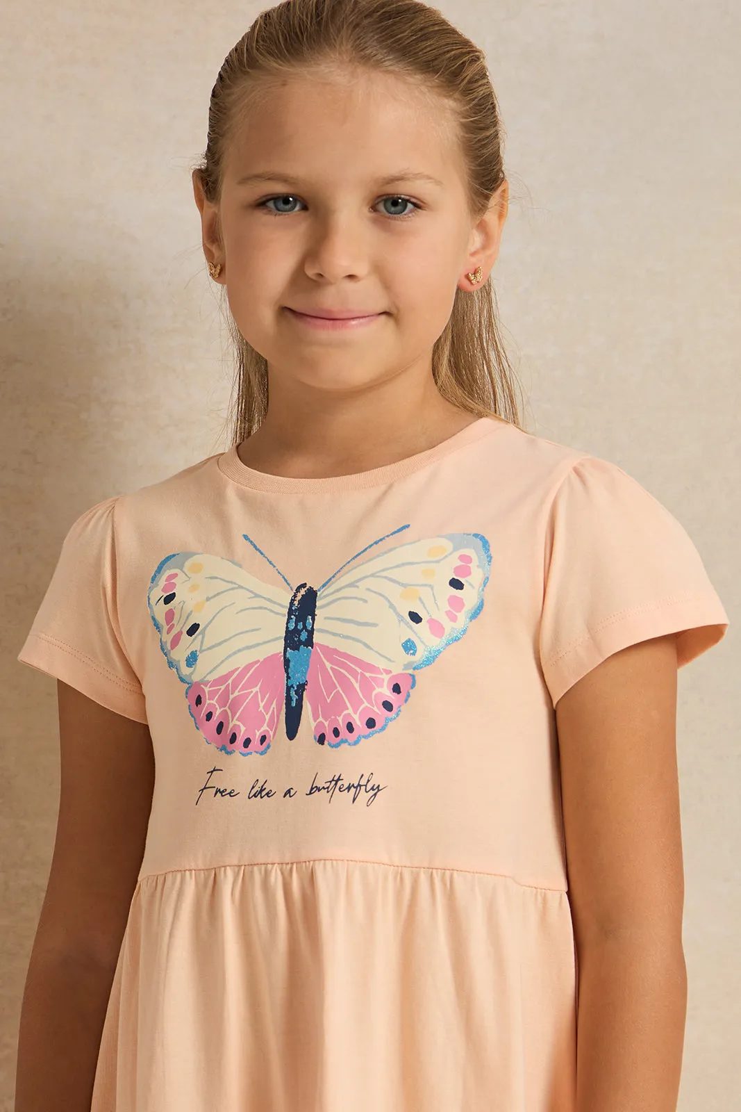 Girls Peach Butterfly Embellishment Knit Dress