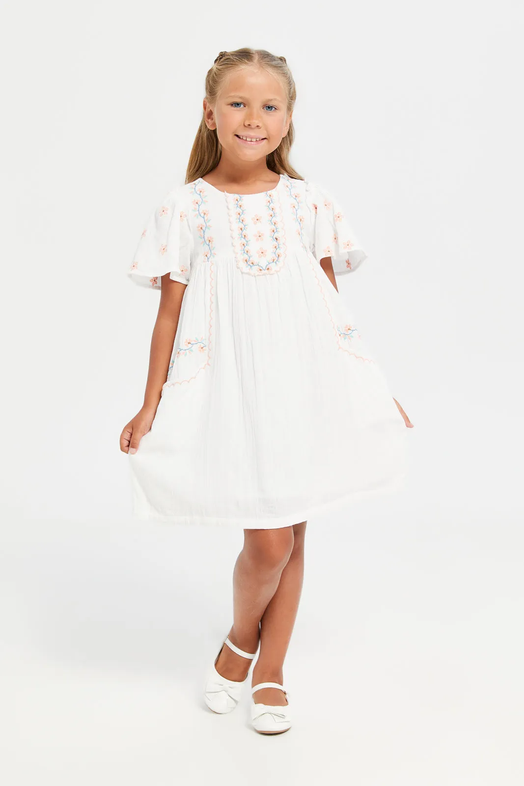 Girls White Double Embroidered Dress