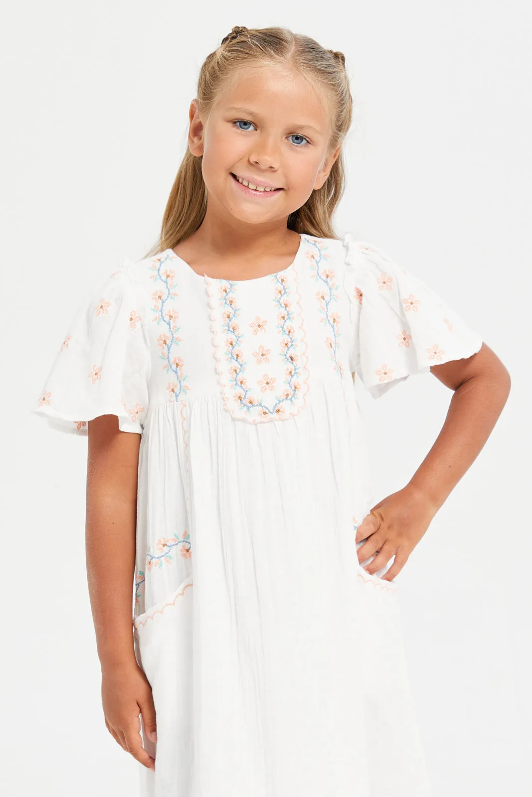 Girls White Double Embroidered Dress