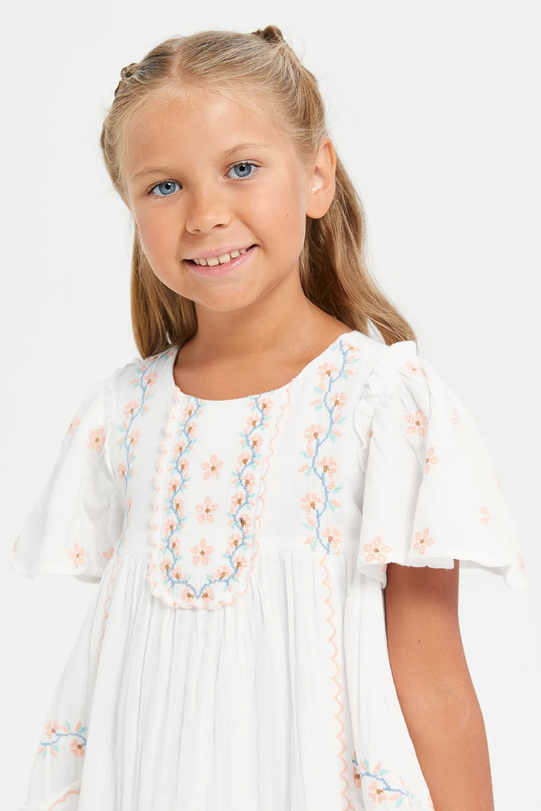 Girls White Double Embroidered Dress