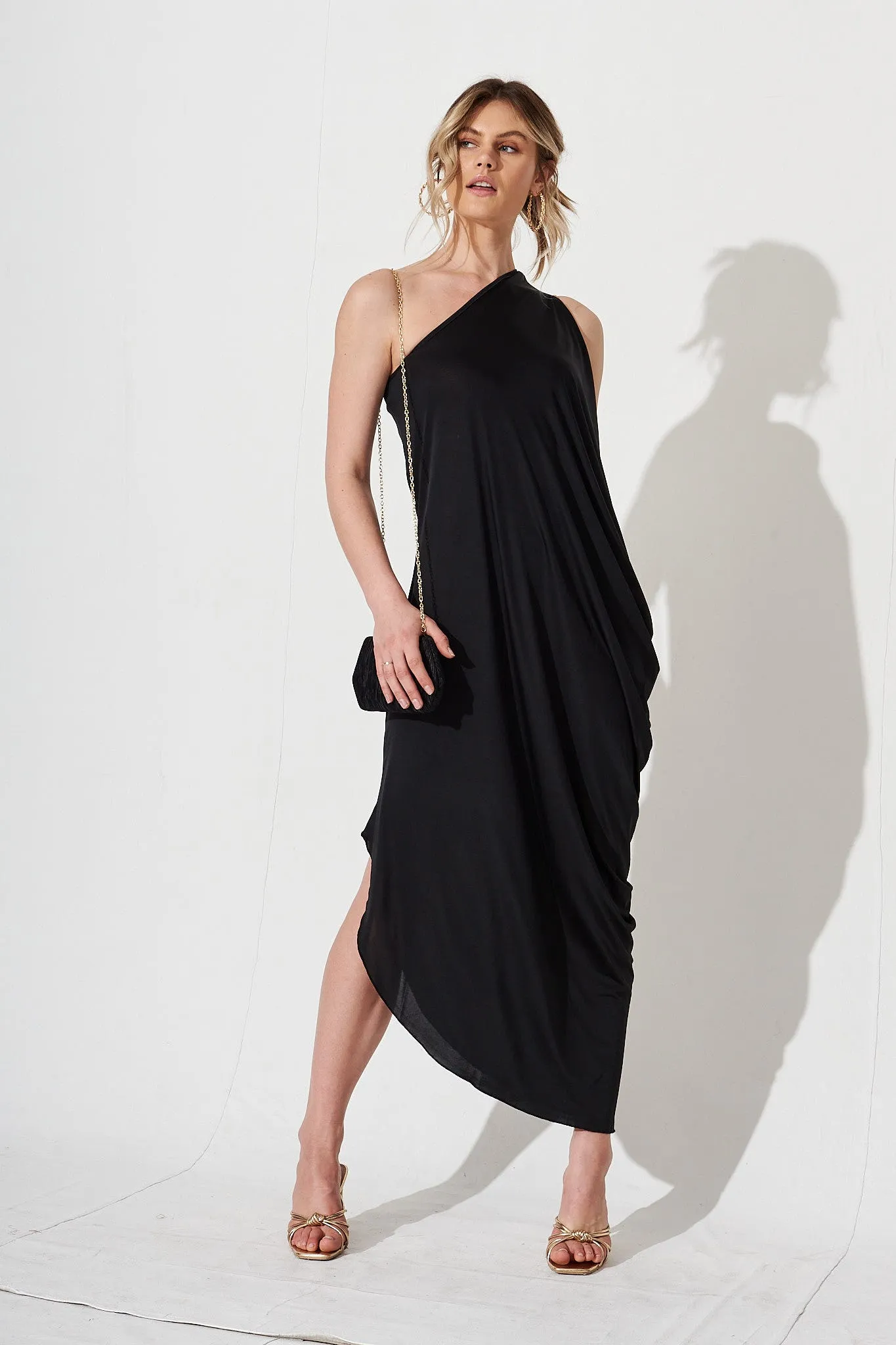 Goddess One Shoulder Maxi Dress in Black