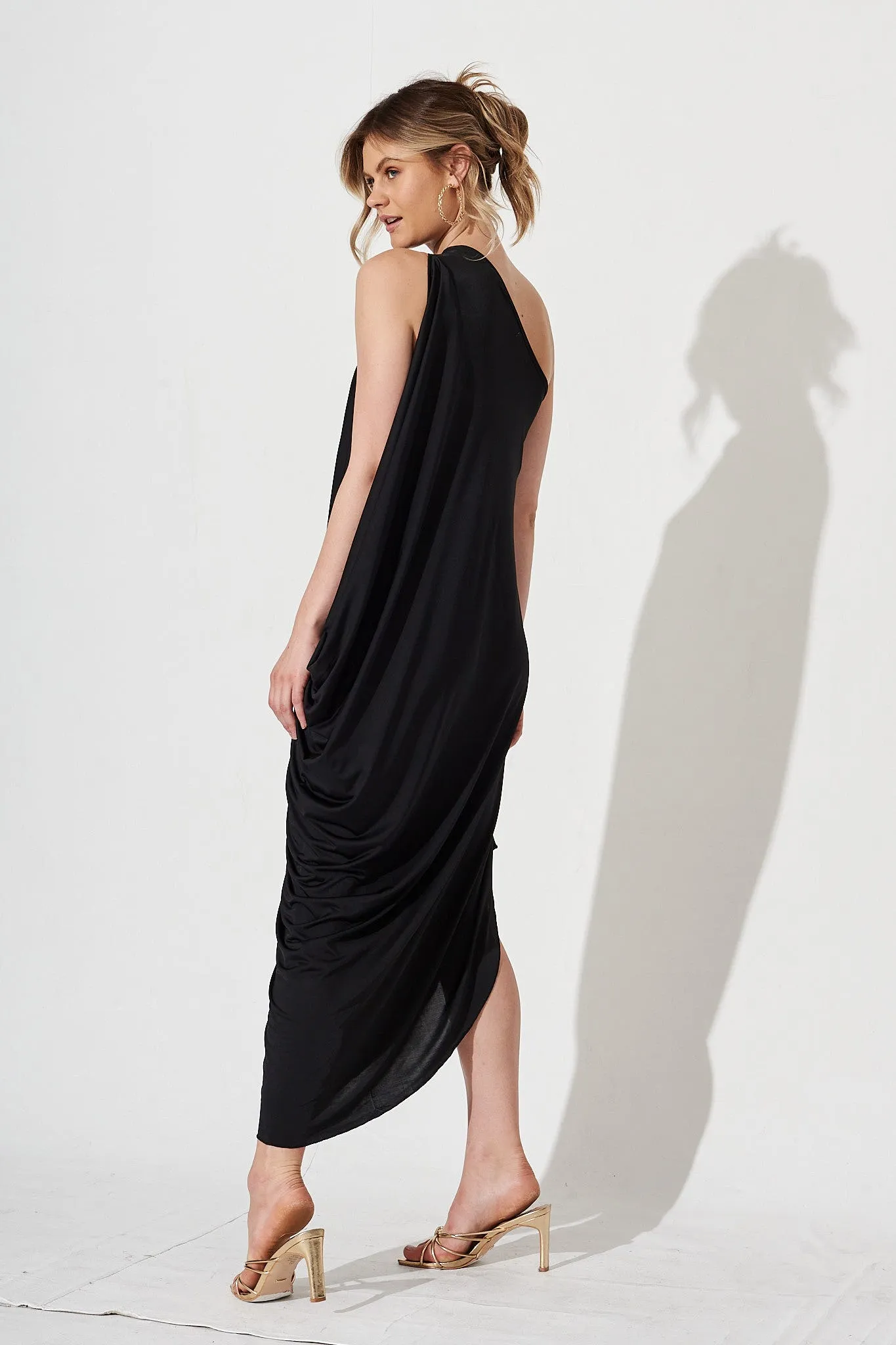 Goddess One Shoulder Maxi Dress in Black