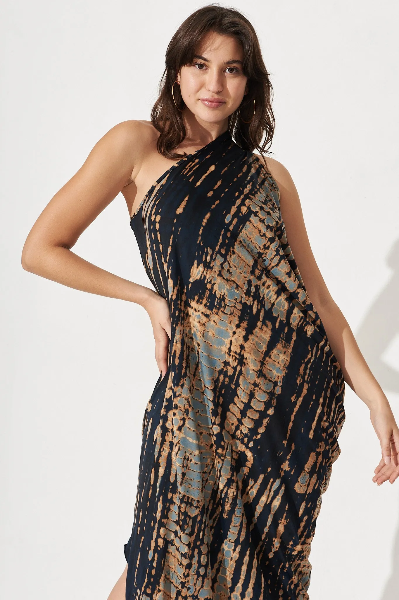 Goddess One Shoulder Maxi Dress In Navy With Rust Print