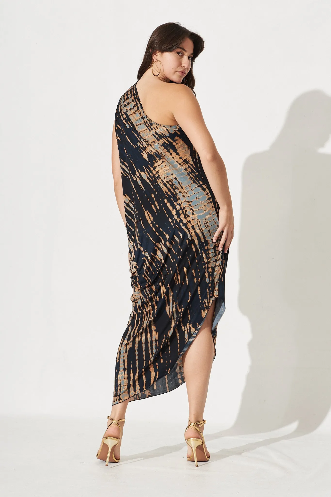 Goddess One Shoulder Maxi Dress In Navy With Rust Print