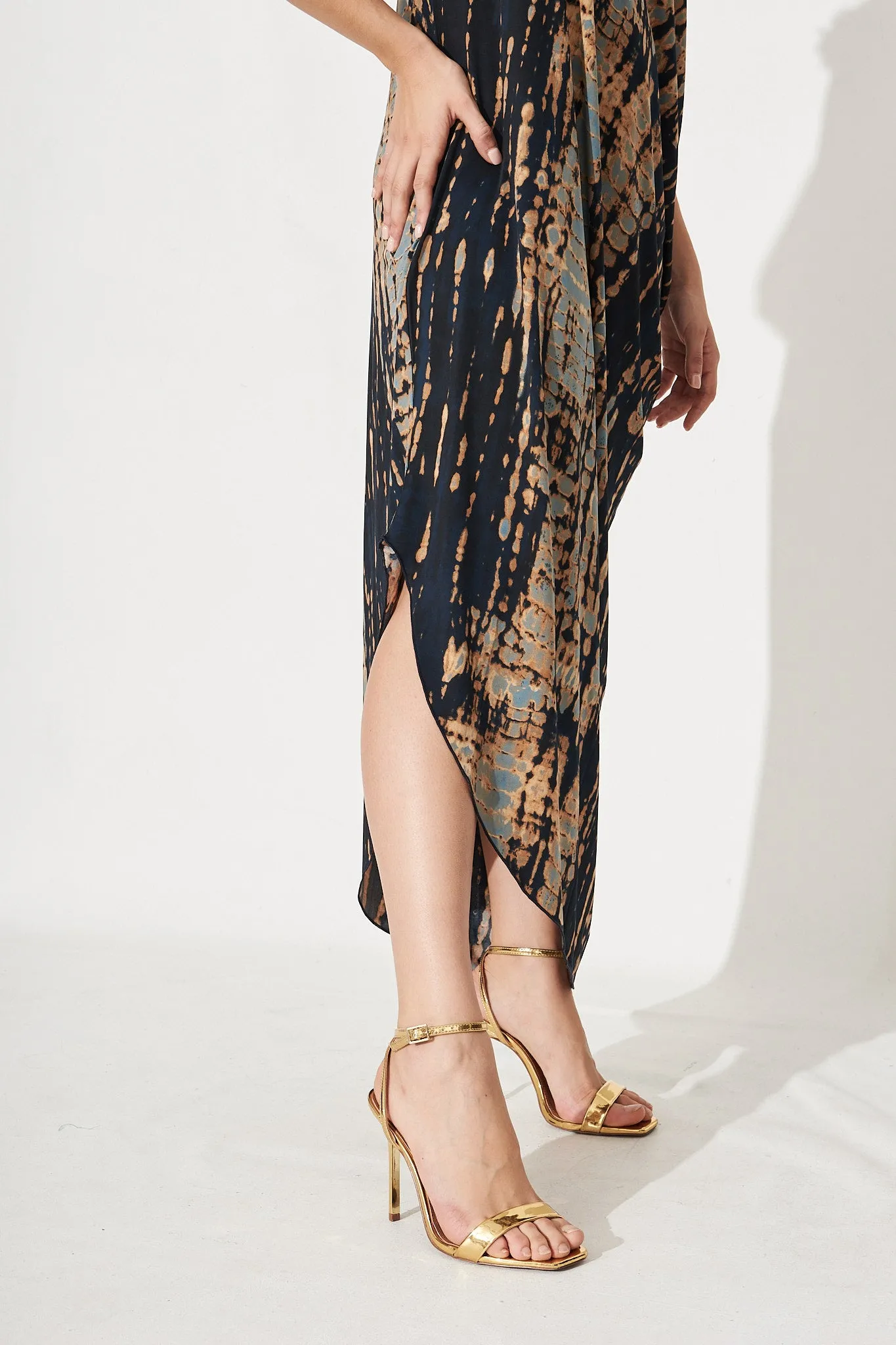 Goddess One Shoulder Maxi Dress In Navy With Rust Print