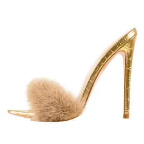 Gold High Heel Sandals with Feather Detail