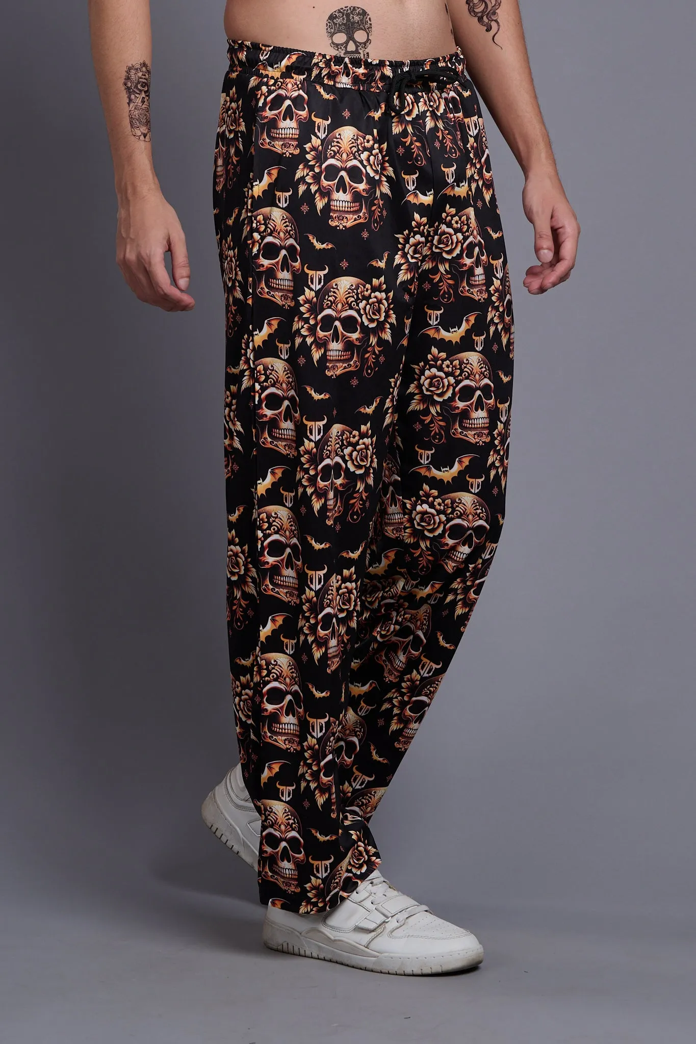 Golden Skull Printed Black Joggers for Men