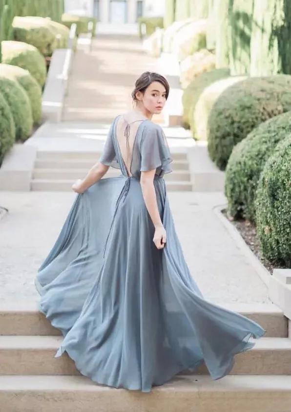 Grey Chiffon Half Sleeves A-line Long Bridesmaid Dresses - Shop Online