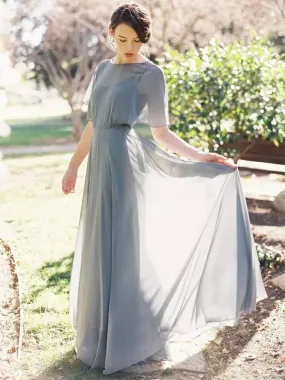 Grey Chiffon Half Sleeves A-line Long Bridesmaid Dresses - Shop Online