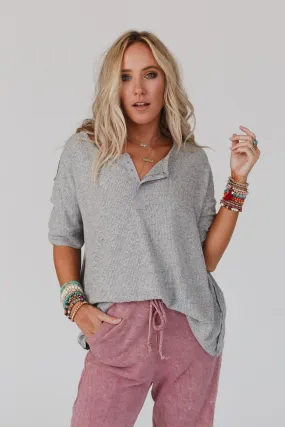 Heather Gray Ribbed Henley Top - Leila