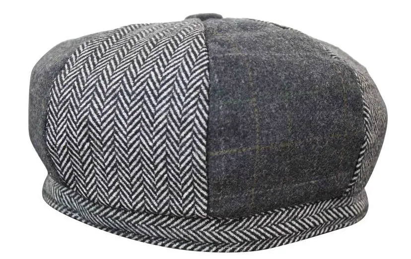 HT6325 - Mens Check Herringbone Tweed Mix Newsboy 8 Panel Hat