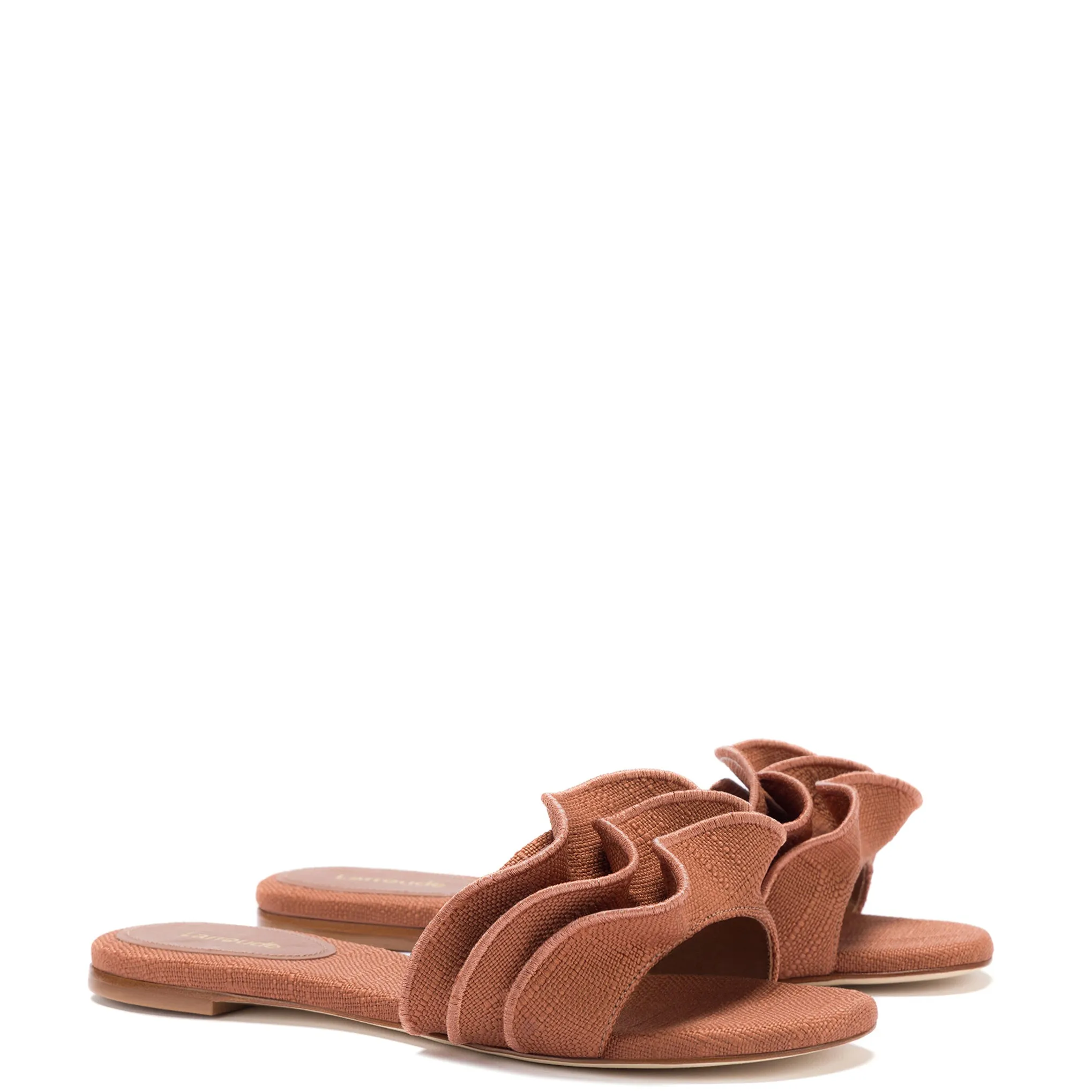 Caramel Raffia Ivy Ruffle Flat Mule.