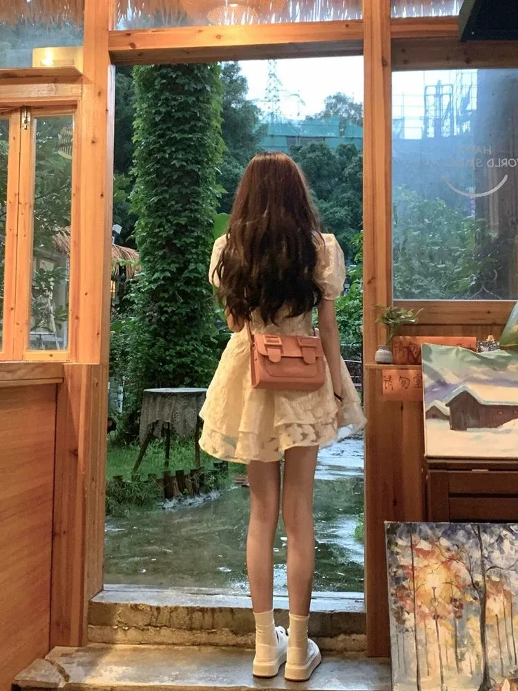 Japanese sweet girl dress female summer waist pure desire puff sleeve princess dress gentle wind jacquard fluffy skirt