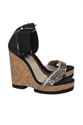 Jimmy Choo - Black & Tan Cork Wedges w/ Snakeskin Print Detail Sz 11