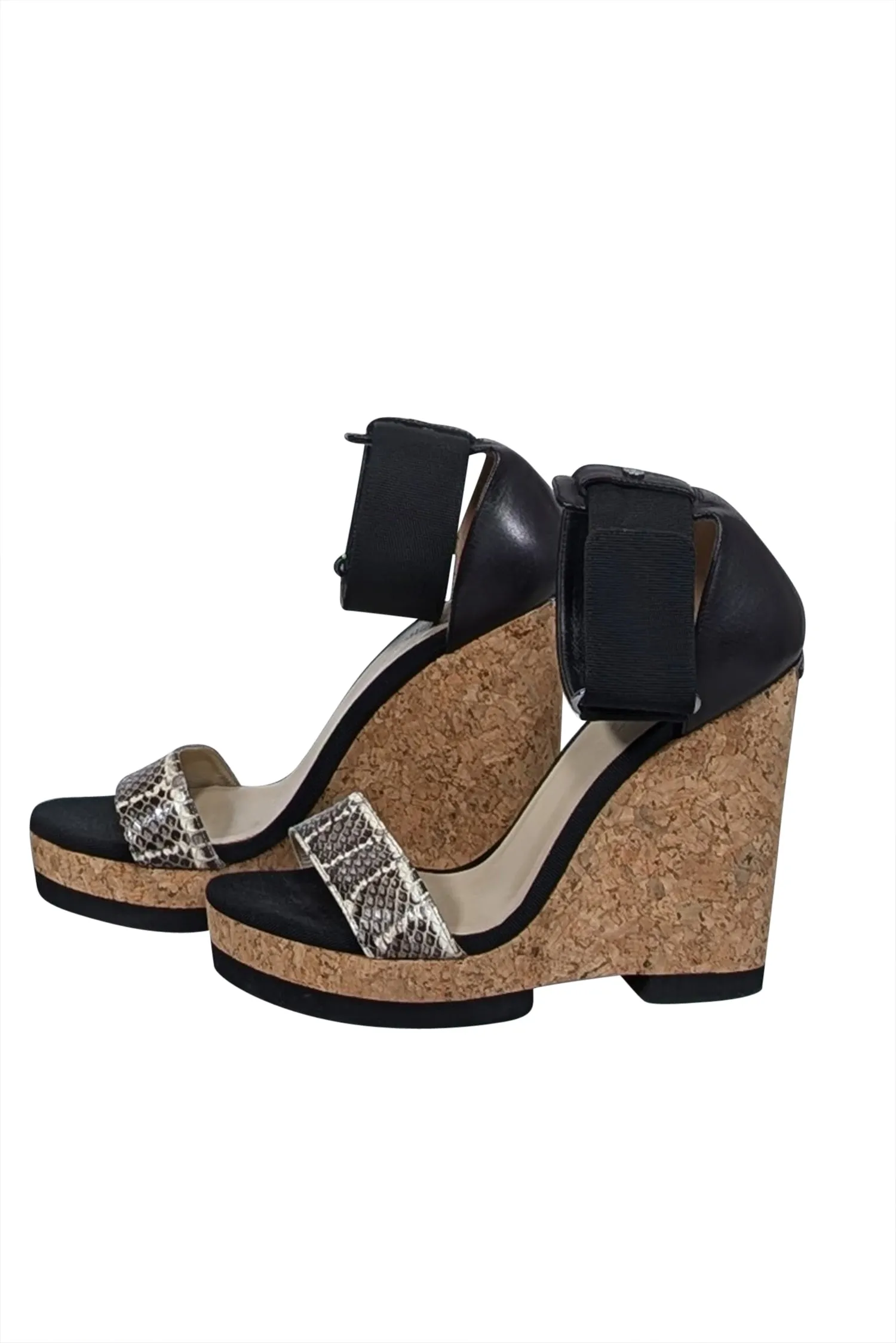 Jimmy Choo - Black & Tan Cork Wedges w/ Snakeskin Print Detail Sz 11