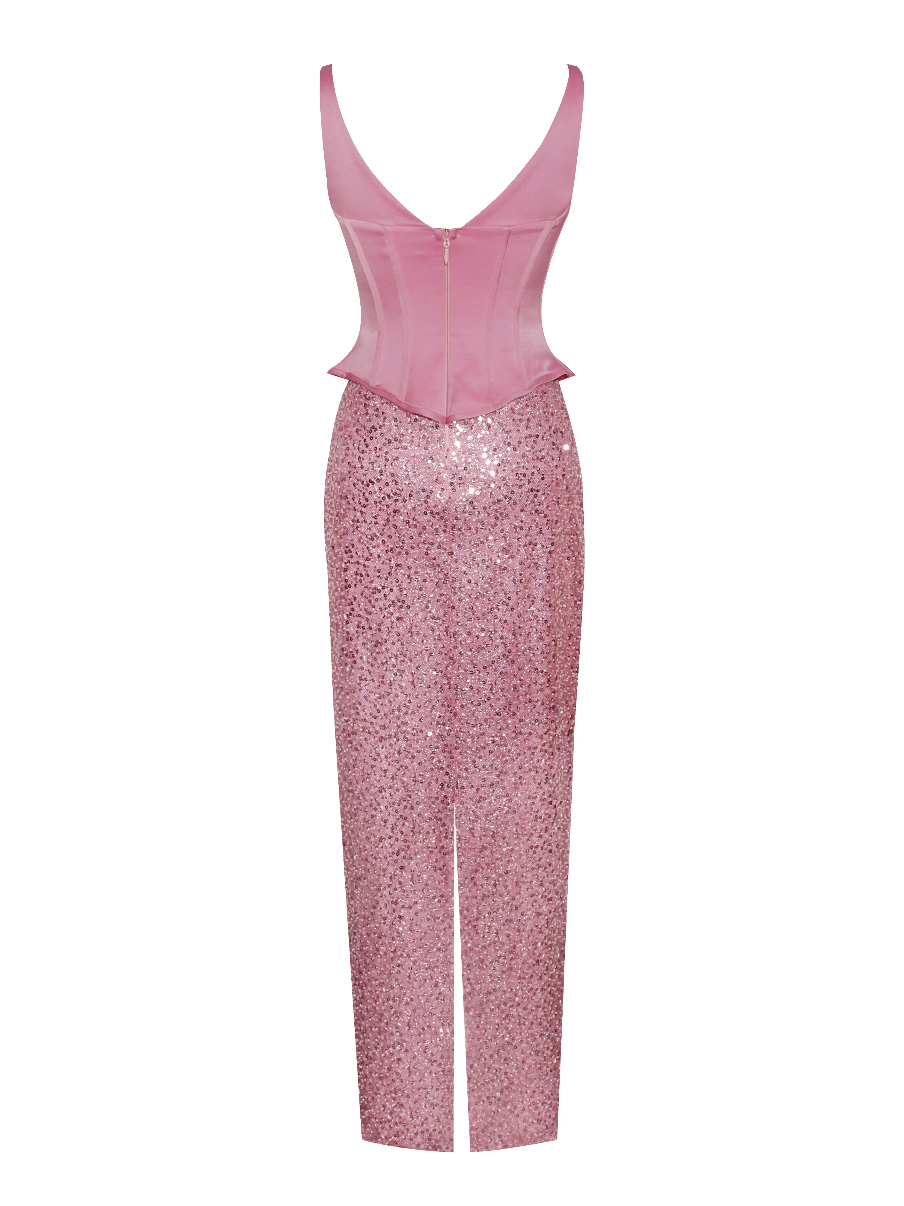 Juliana Pink Satin Peplum Corset Sequin Maxi Dress