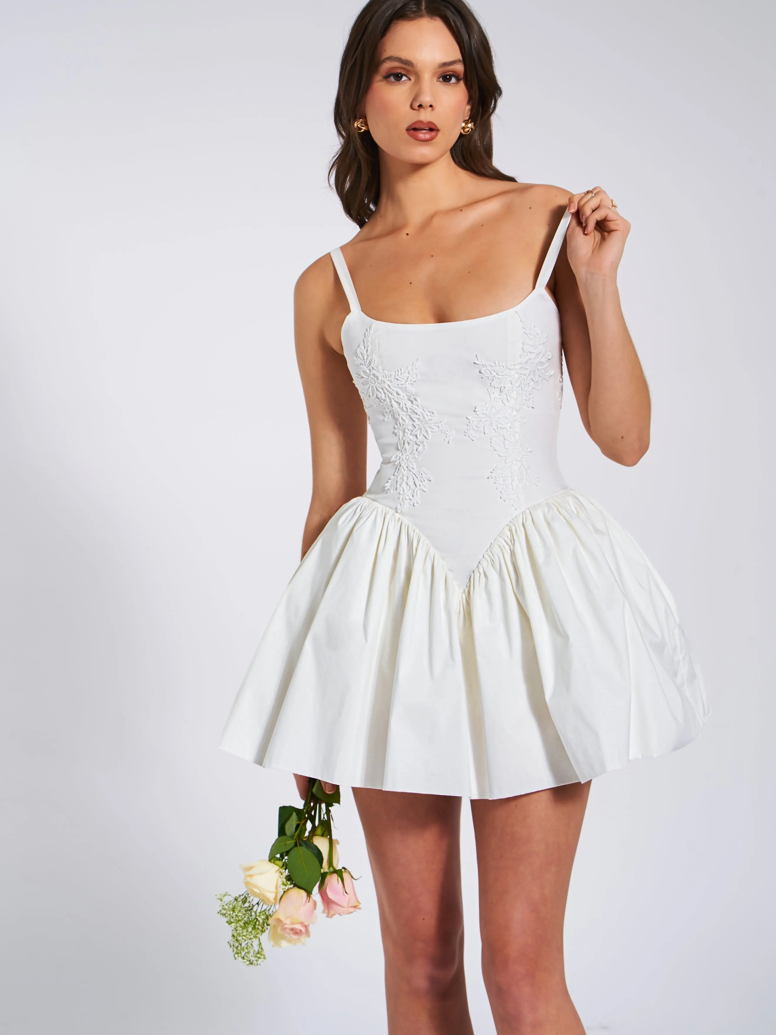 Kadi White Cotton Drop Waist Corset Mini Dress