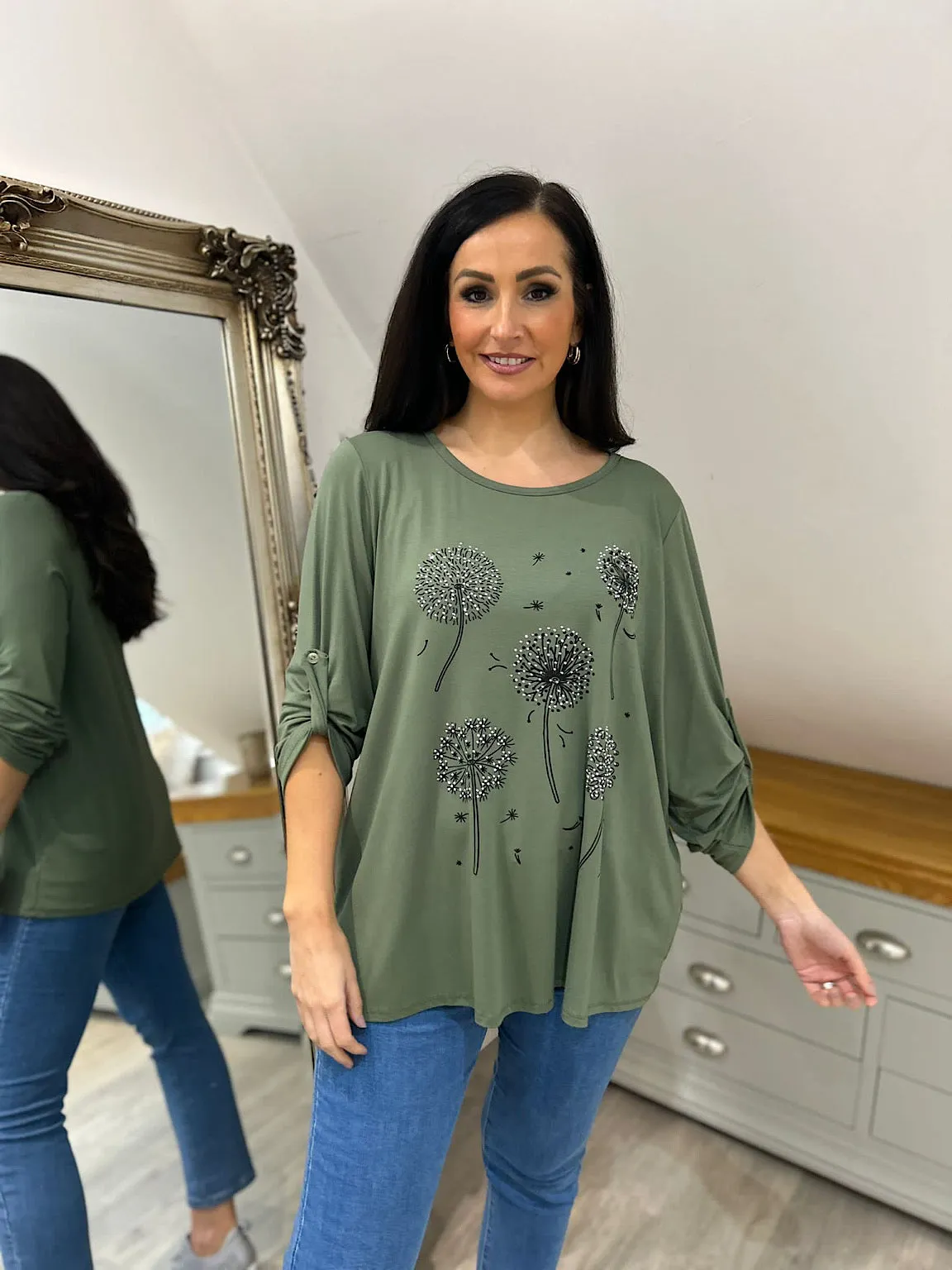 Khaki Diamante Dandelion Pattern Top Tanya