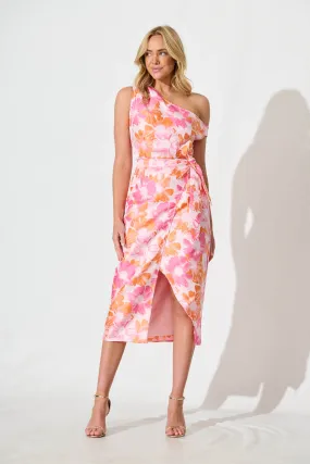 Khalani Off Shoulder Midi Dress in Pink and Orange Jaquard