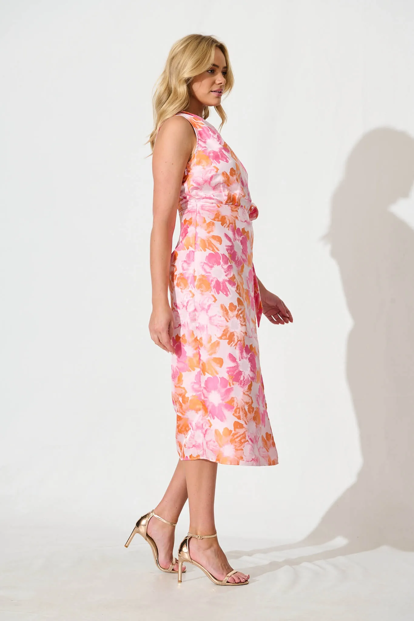 Khalani Off Shoulder Midi Dress in Pink and Orange Jaquard