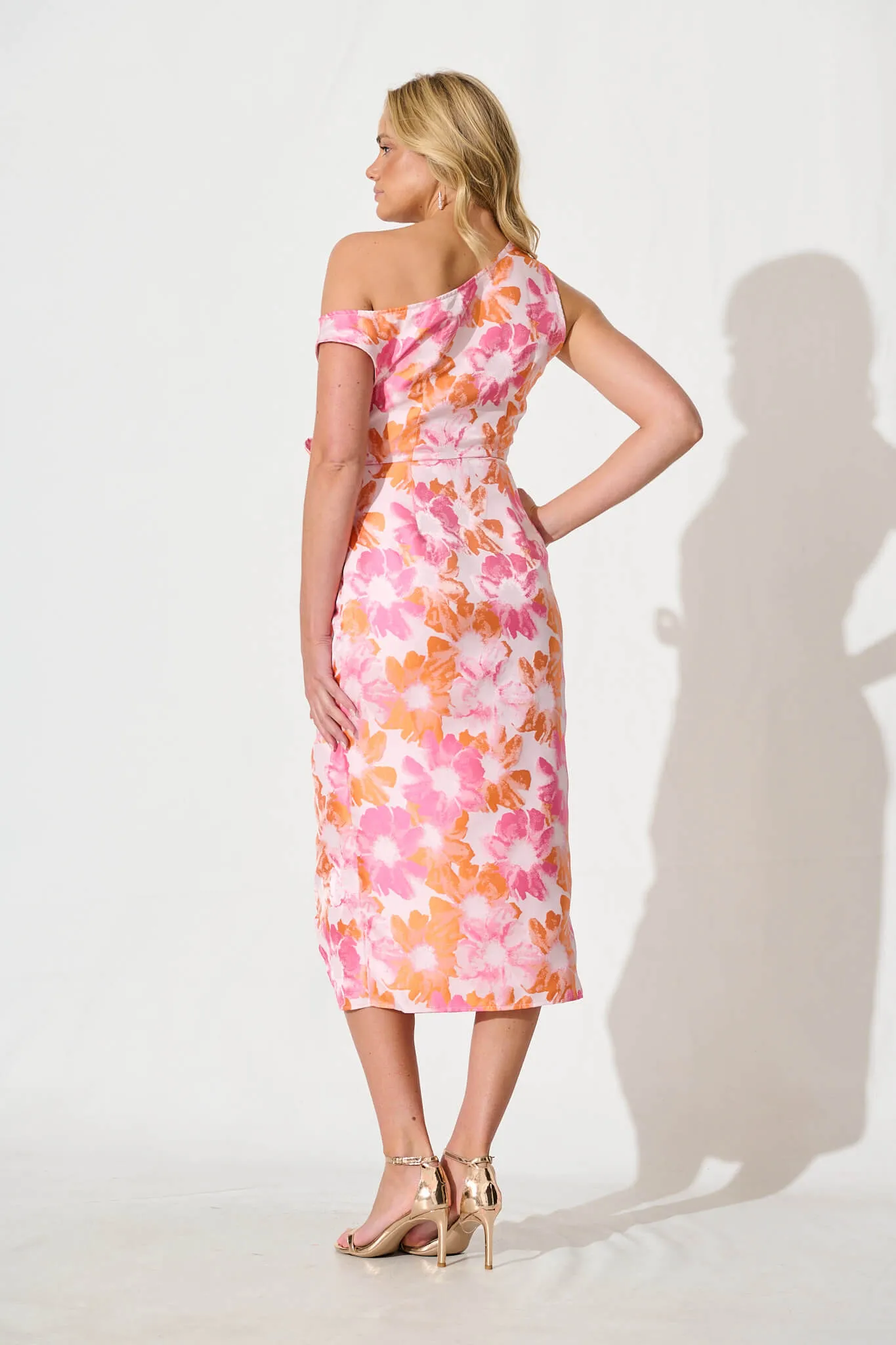 Khalani Off Shoulder Midi Dress in Pink and Orange Jaquard