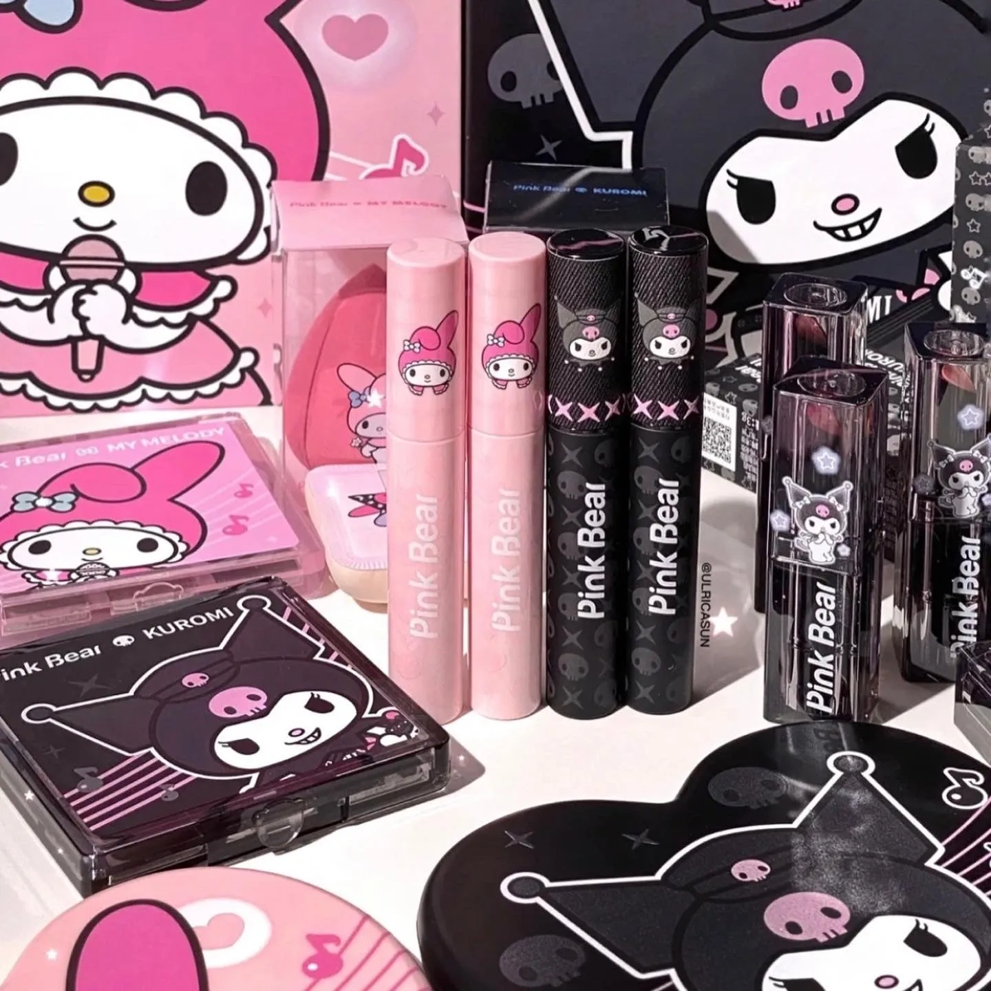 Kuromi My Melody makeup lip product in pink, lip stain, lip mud, and eyeshadow