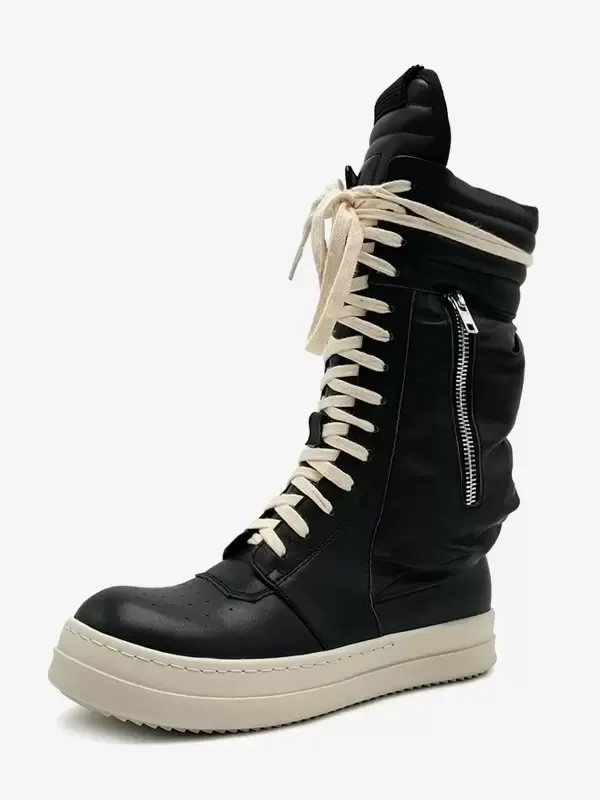 Lace Up Round Toe Leather Men's High Sneakers Boots