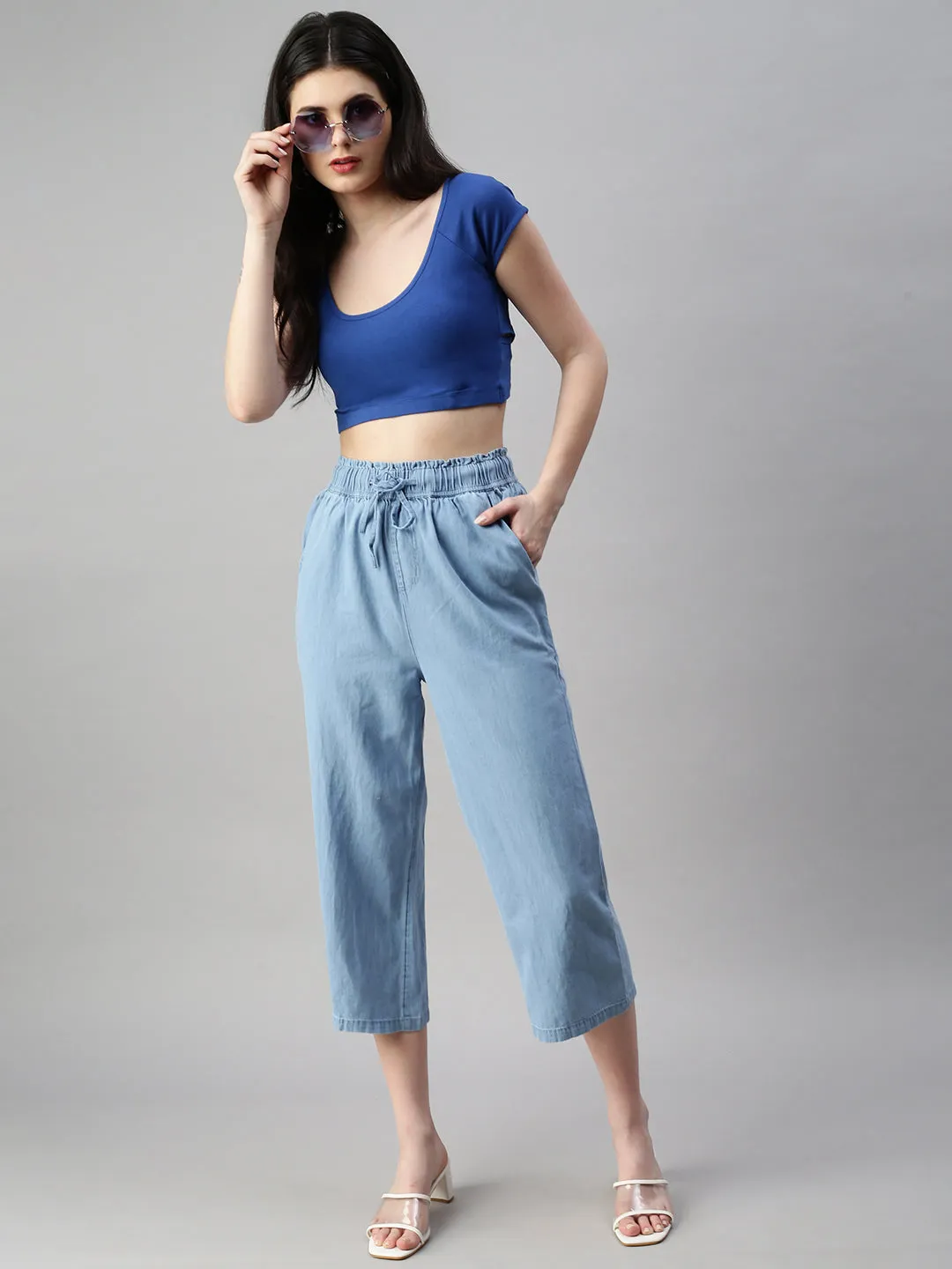 Ladies Crop Palazzo Mid Blue