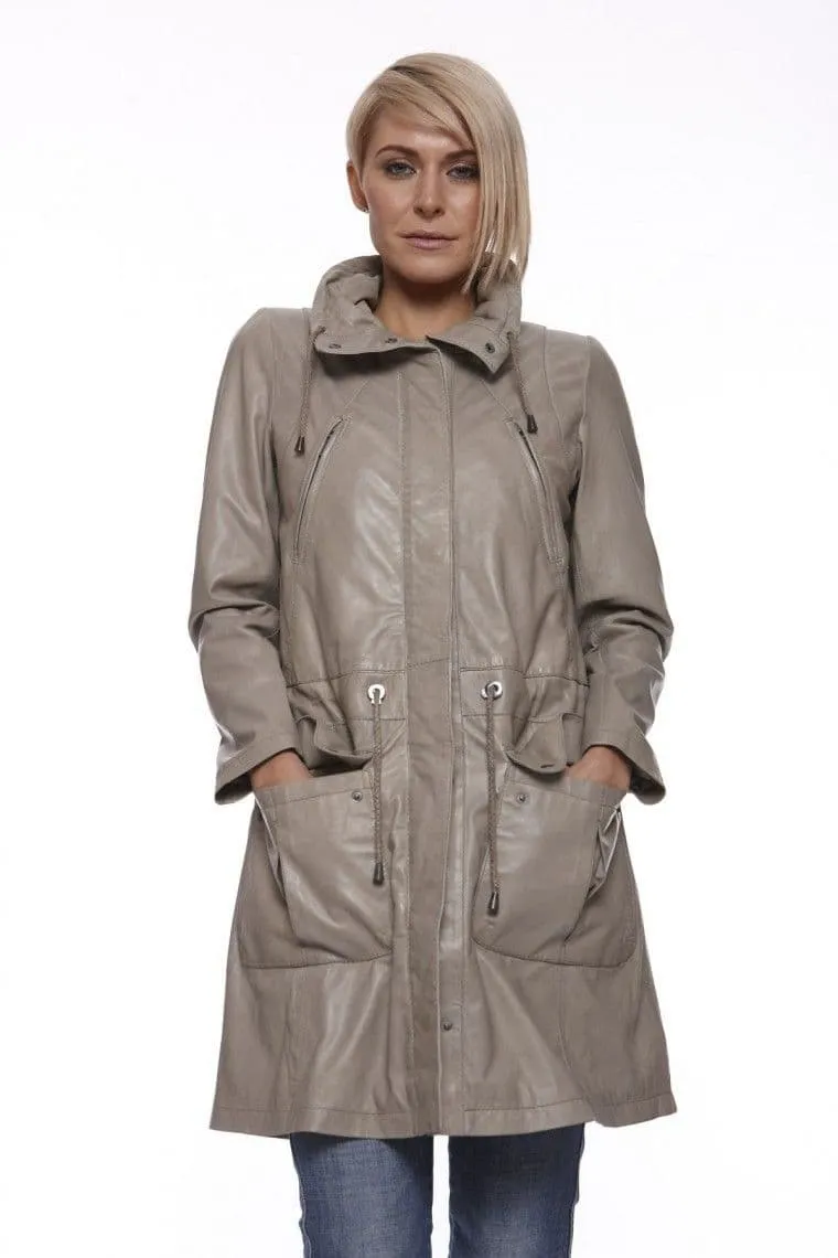 LADIES TAUPE LEATHER PARKA:CX