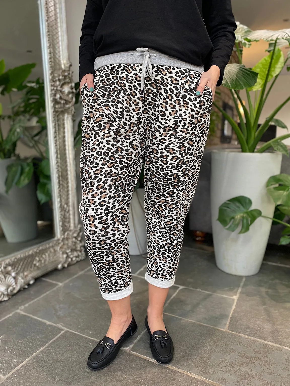 Leopard Print Joggers - Stone Color