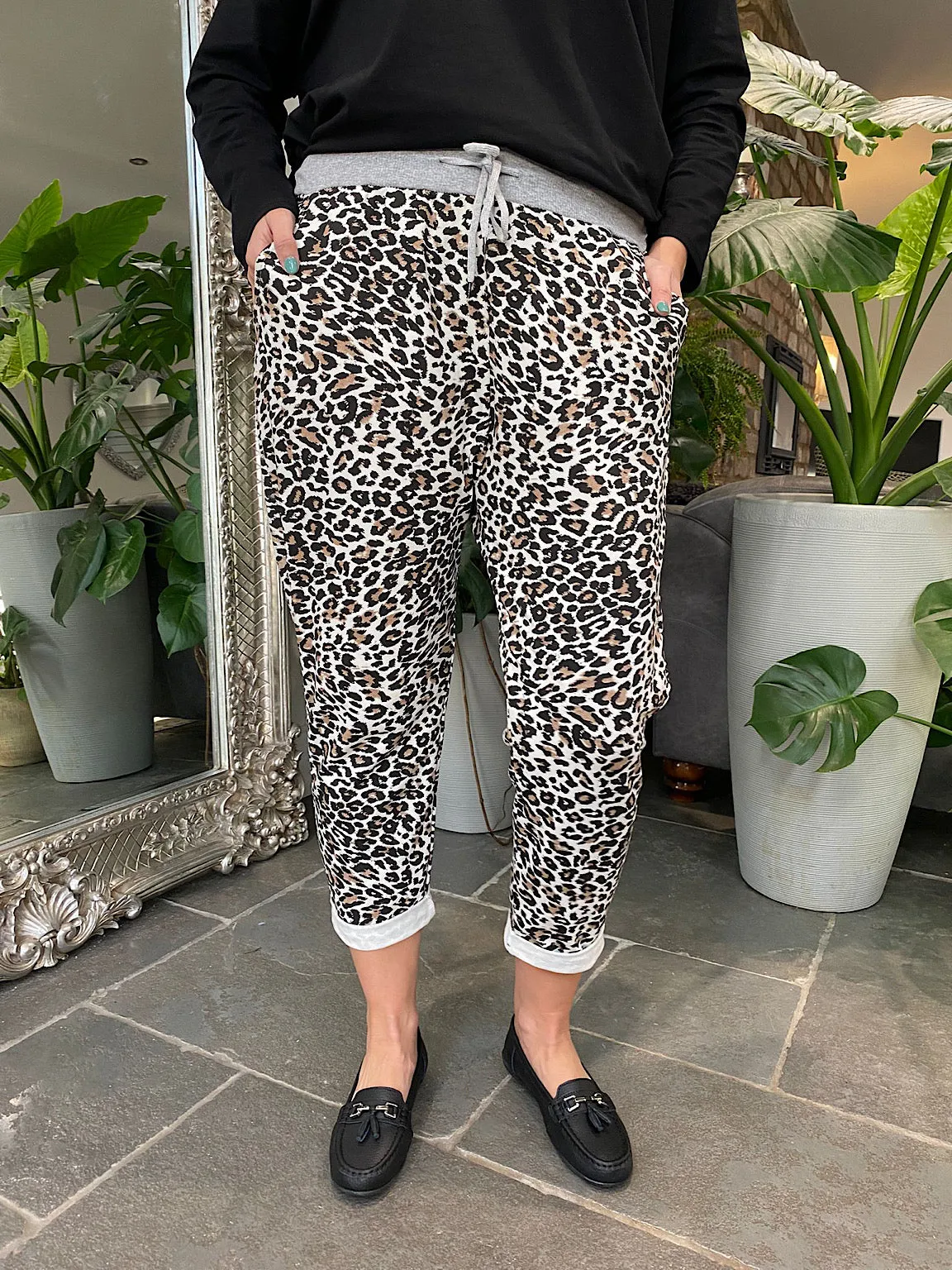 Leopard Print Joggers - Stone Color