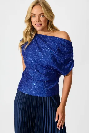 Liana Off Shoulder Top in Cobalt Blue Sequin