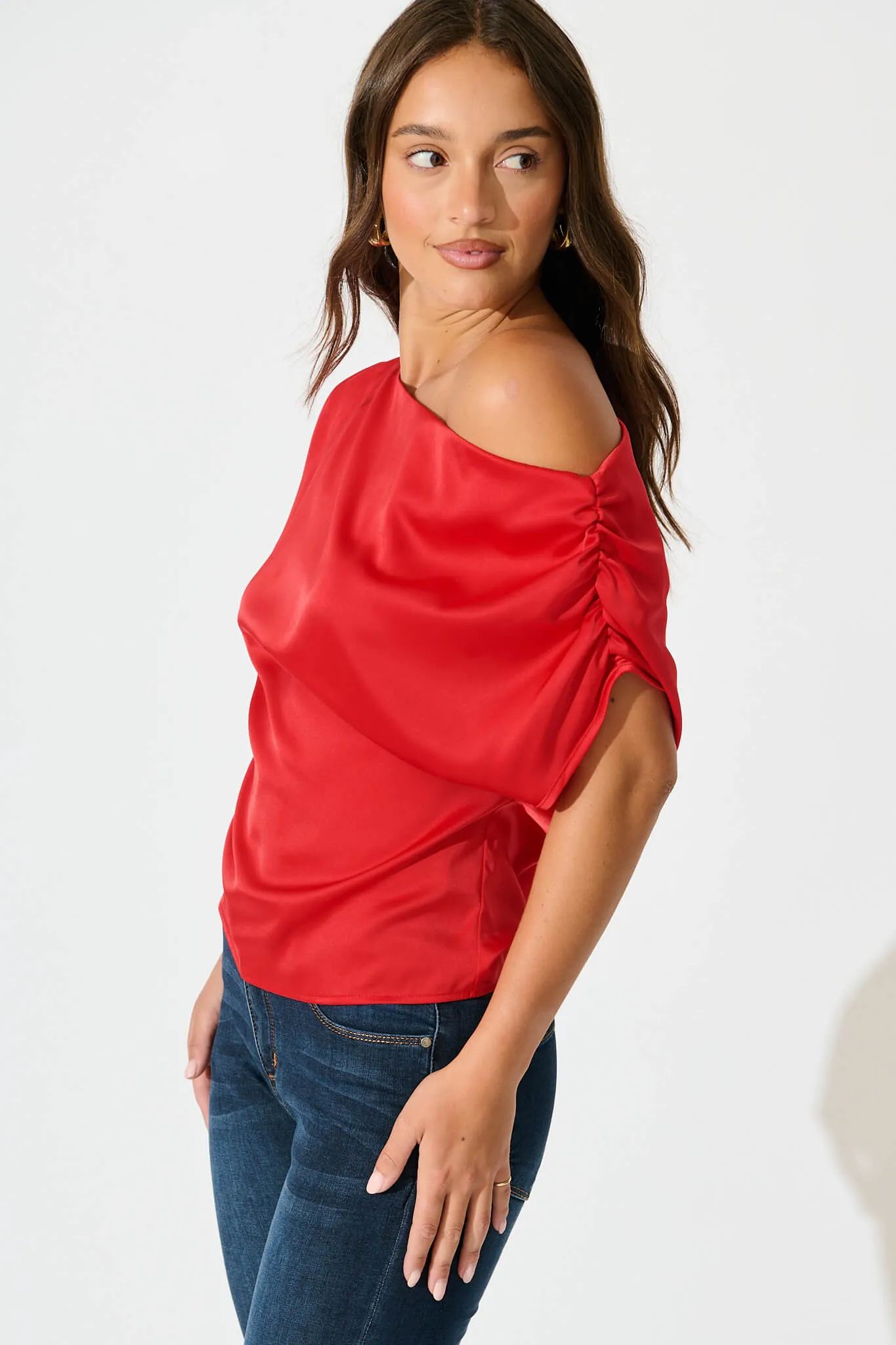 Liana Off Shoulder Top In Red Satin