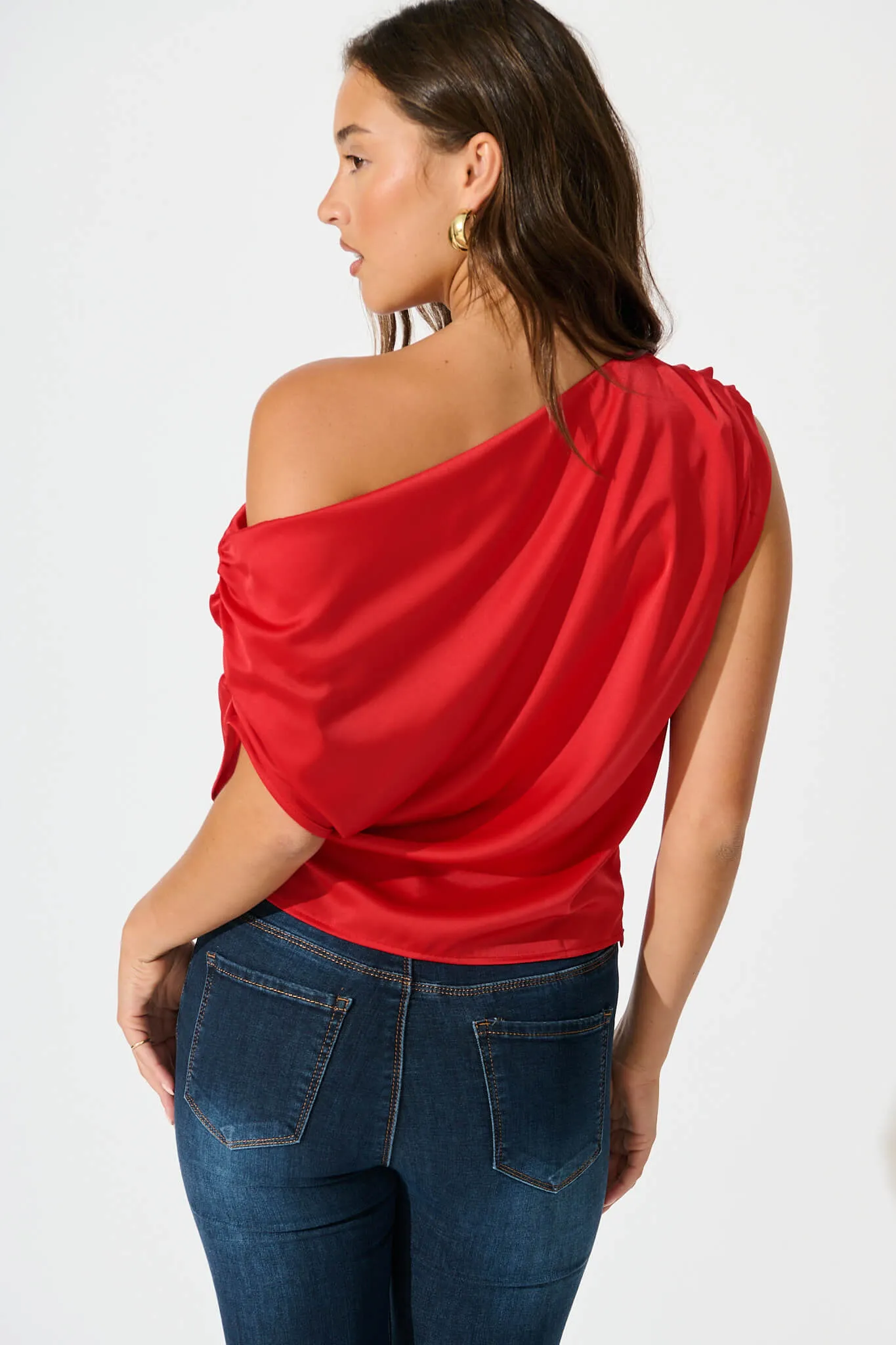 Liana Off Shoulder Top In Red Satin