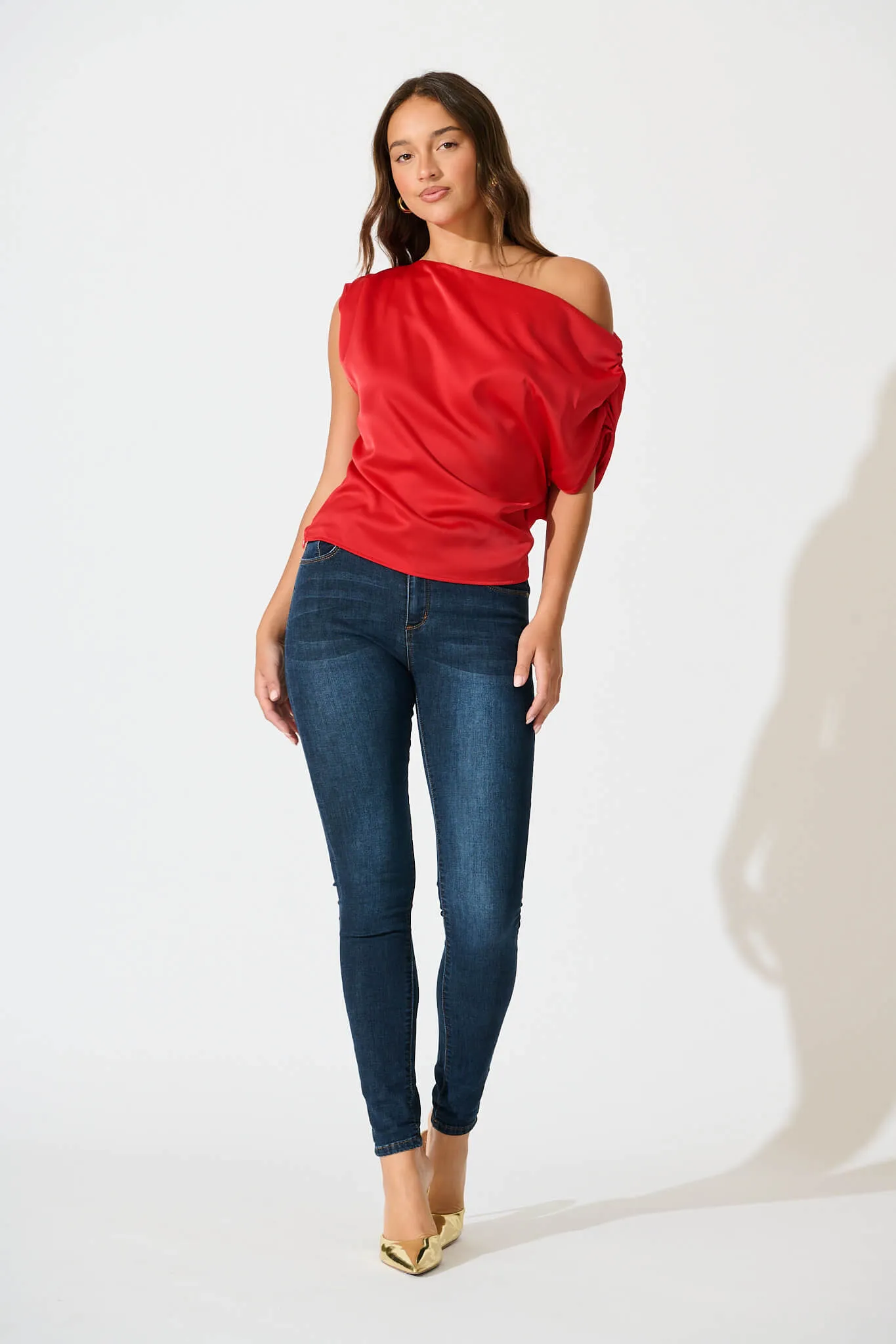 Liana Off Shoulder Top In Red Satin