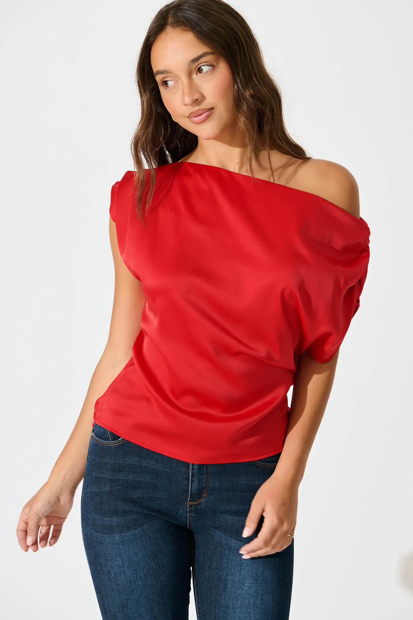 Liana Off Shoulder Top In Red Satin