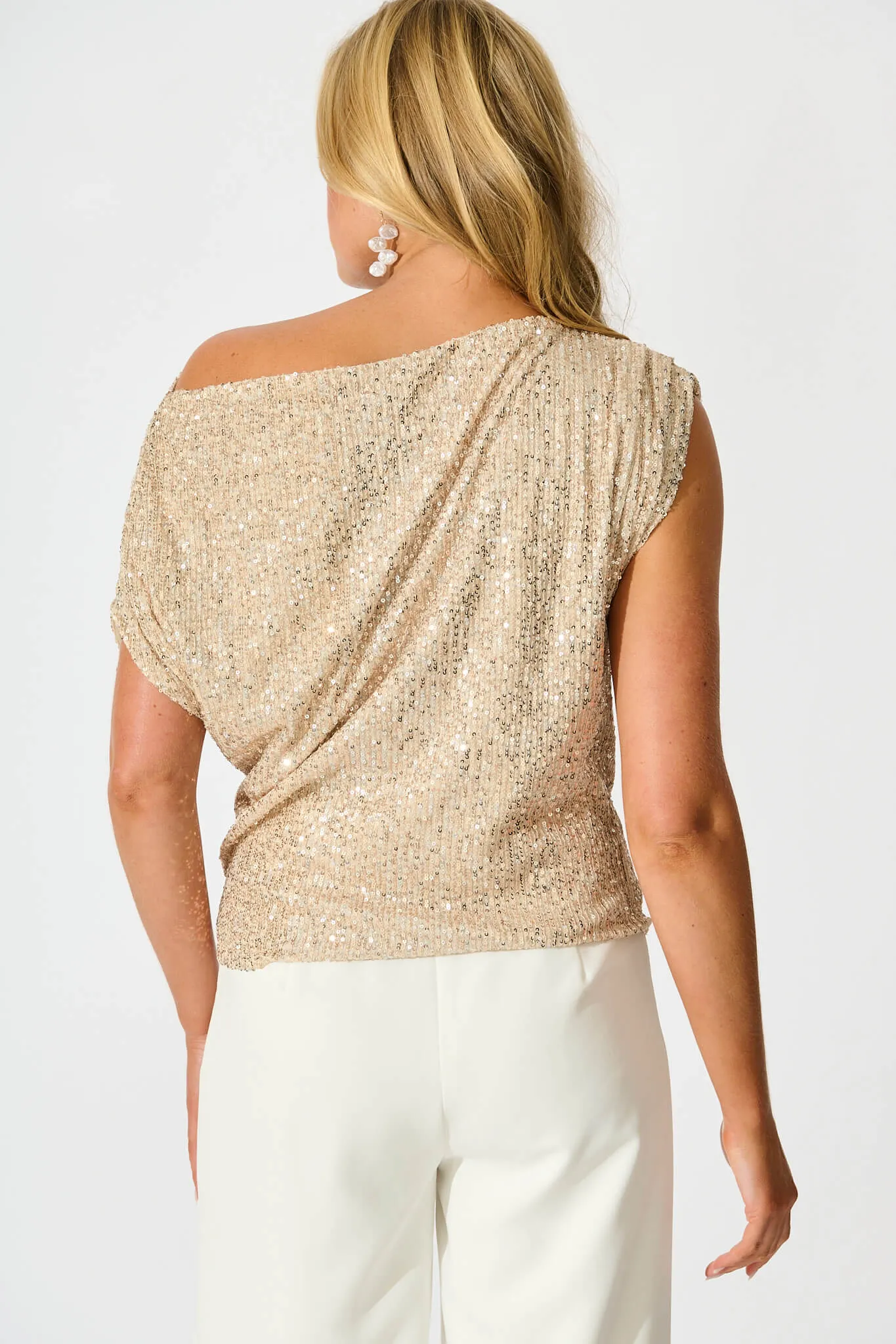 Liana Off Shoulder Top In Rose Gold Sequin