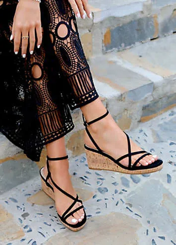 Linzi Aminah Black Strappy Wedges at Kaleidoscope