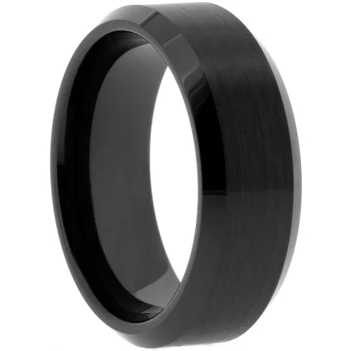 Men's Black ceramic band with matte finish center and polished bevel edges.