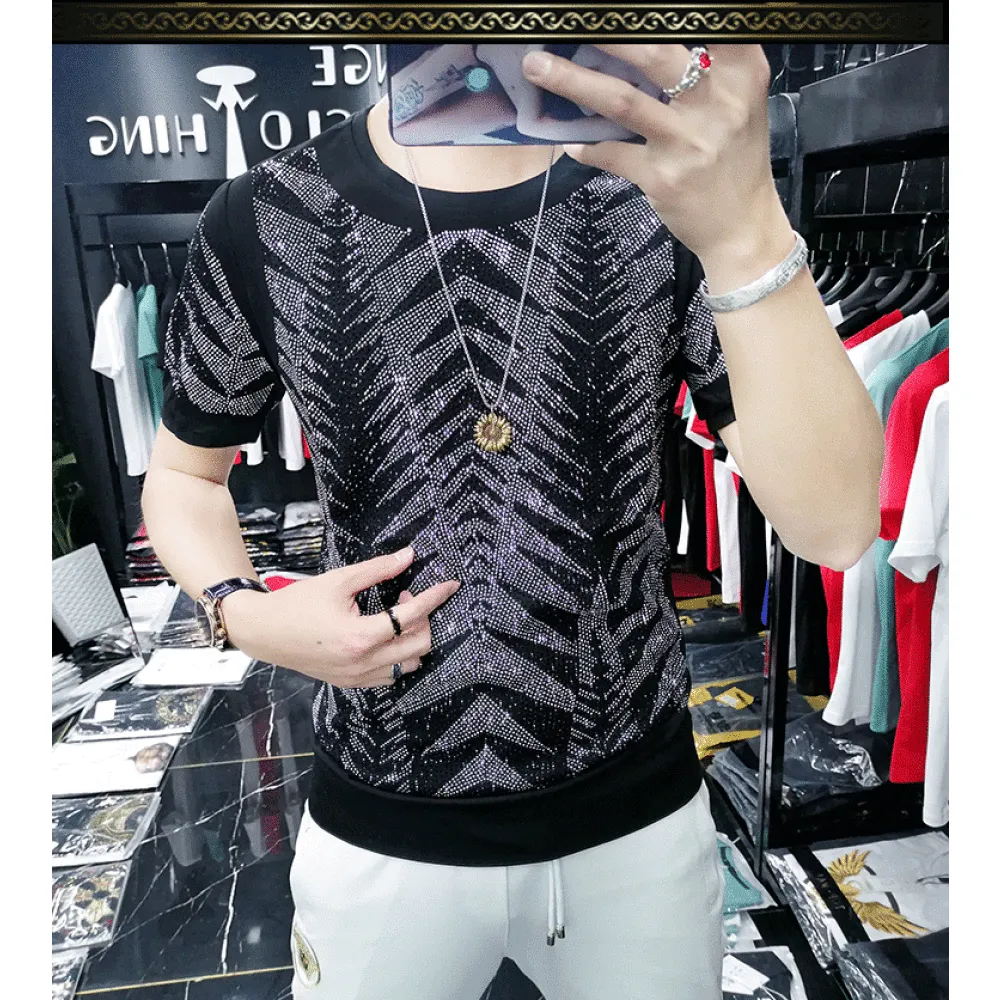 Hot Drill Sequin T-shirt for Men - Breathable & Customized Social Club Fashion