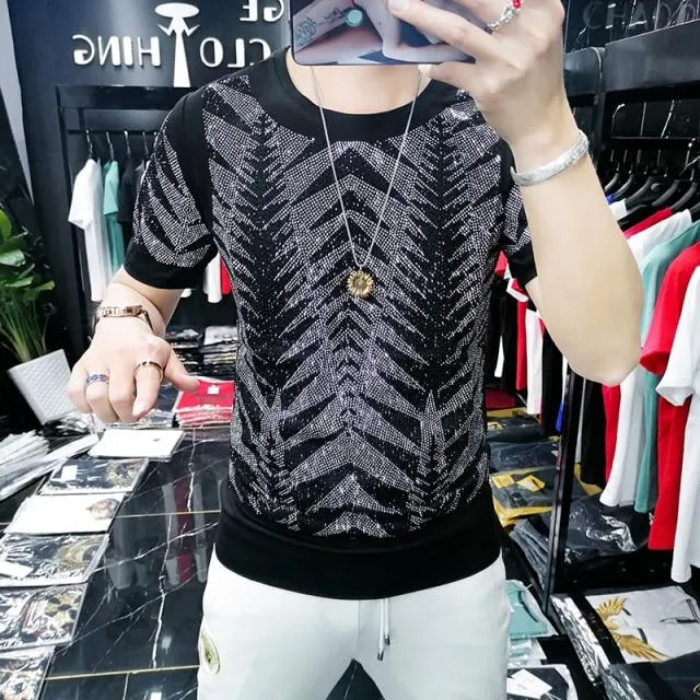 Hot Drill Sequin T-shirt for Men - Breathable & Customized Social Club Fashion