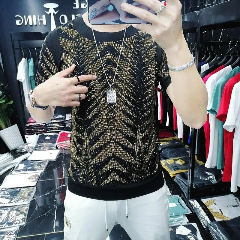 Hot Drill Sequin T-shirt for Men - Breathable & Customized Social Club Fashion