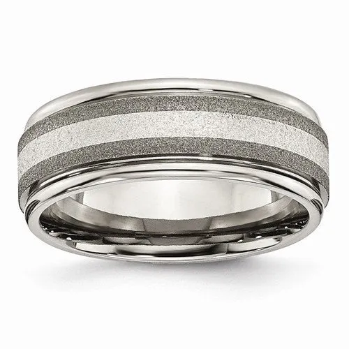 Men's Wedding Band-Titanium Polished /Stone Finish Center Grooved Edge Sterling Inlay Band-UDINC0394