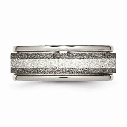 Men's Wedding Band-Titanium Polished /Stone Finish Center Grooved Edge Sterling Inlay Band-UDINC0394